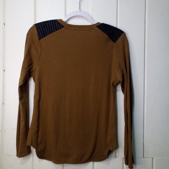 Zara Shirt Women L Long Sleeve Ribbed Faux Leather Shoulder Patch Brown Black - Picture 10 of 15